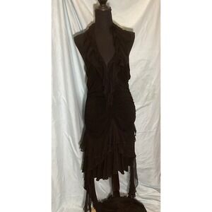 Black Bebe Ruffle Halter Tiered Asymmetrical Ruched Evening Dress Womens Large